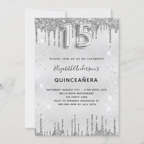 Quinceanera silver metal glitter dust glam invitation