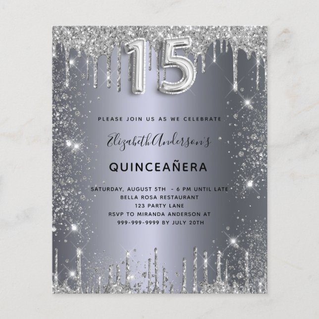 Quinceanera silver metal glitter invitation (Front)