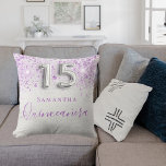 Quinceanera silver metal purple dust monogram throw pillow<br><div class="desc">A pillow for a Quinceañera, 15th years old girls room. A faux silver metallic looking background with purple faux glitter drops, spots. The text: Quinceañera is written in purple with a large modern hand lettered style script. Personalize and add a name. Number 15 is written with a balloon style font....</div>