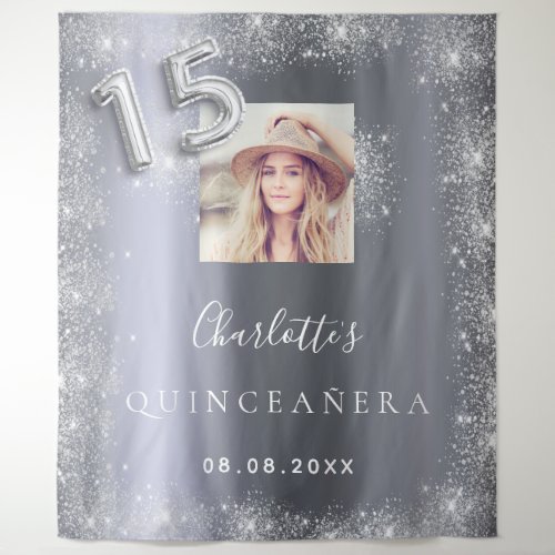 Quinceanera silver photo glitter welcome tapestry