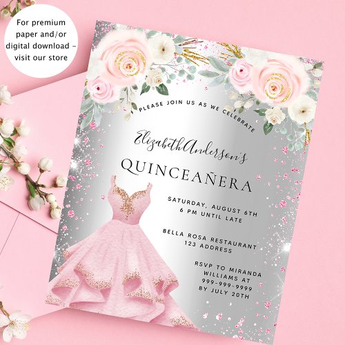 Quinceanera silver pink dress budget invitation