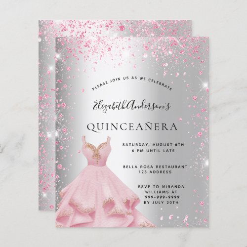 Quinceanera silver pink dress budget invitation
