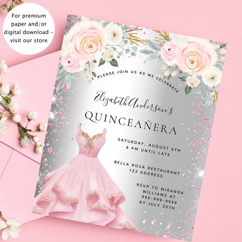 Quinceanera silver pink dress budget invitation flyer