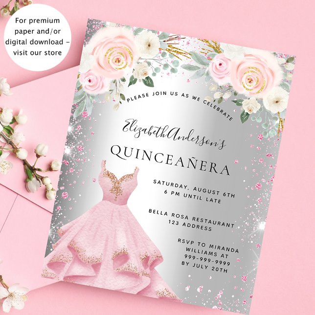 Quinceanera silver pink dress budget invitation flyer (Creator Uploaded)