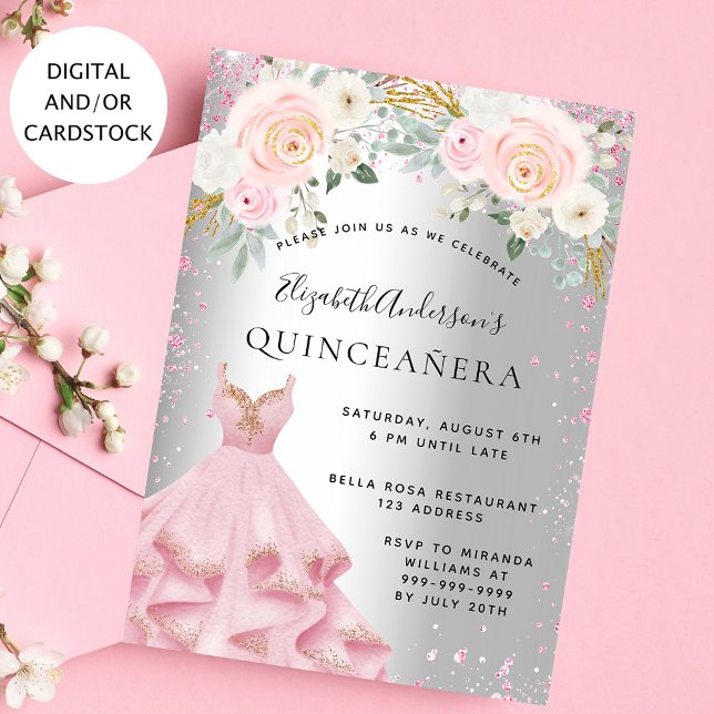 Quinceanera silver pink dress flowers invitation (Creator Uploaded)