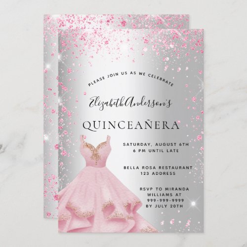 Quinceanera silver pink dress glitter dust invitation