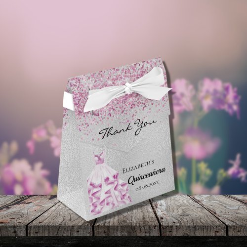 Quinceanera silver pink glitter dress thank you favor boxes