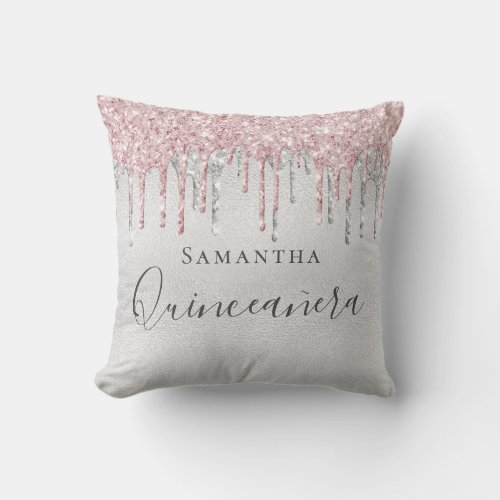 Quinceanera silver pink glitter drip monogram name throw pillow
