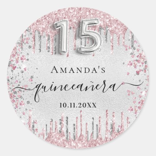 Quinceanera silver pink glitter drips name classic round sticker