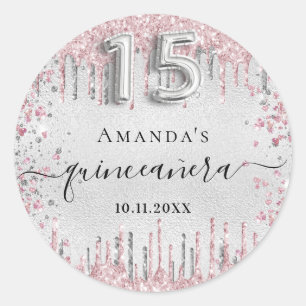 Quinceanera silver pink glitter drips name classic round sticker