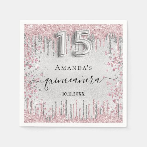 Quinceanera silver pink glitter drips name napkins