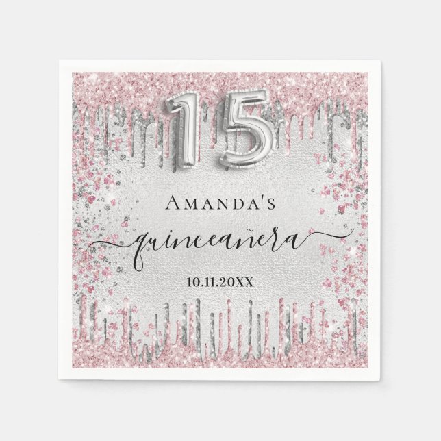 Quinceanera silver pink glitter drips name napkins (Front)