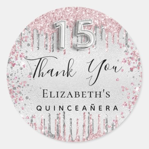 Quinceanera silver pink glitter drips thank you classic round sticker