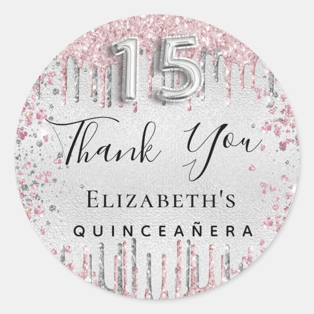 Quinceanera silver pink glitter drips thank you classic round sticker (Front)