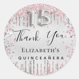 Quinceanera silver pink glitter drips thank you classic round sticker