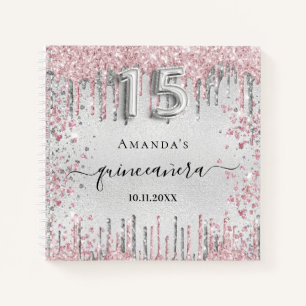 Quinceanera silver pink glitter guest book