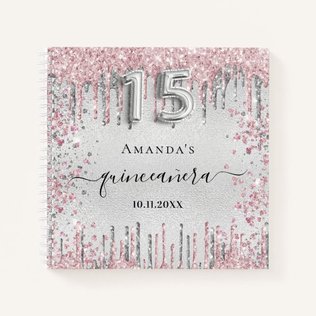 Quinceanera silver pink glitter guest book (Front)