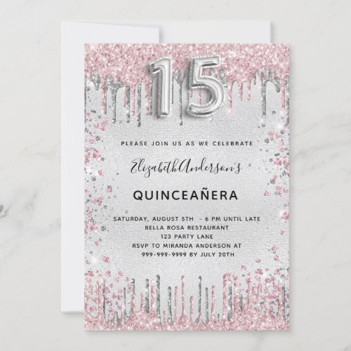 Quinceanera silver pink glitter invitation