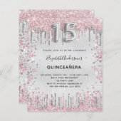 Quinceanera silver pink glitter invitation (Front/Back)