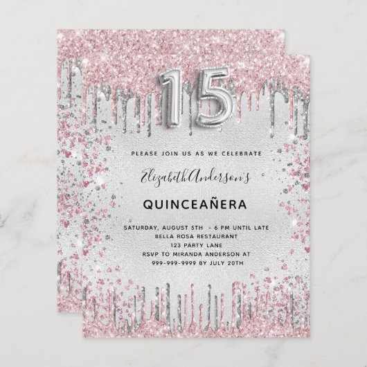 Quinceanera silver pink glitter invitation (Front/Back)