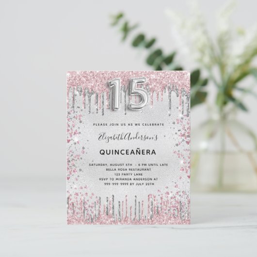 Quinceanera silver pink glitter invitation (Standing Front)