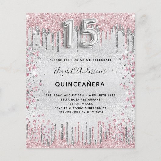 Quinceanera silver pink glitter invitation (Front)
