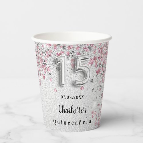 Quinceanera silver pink glitter name party paper cups