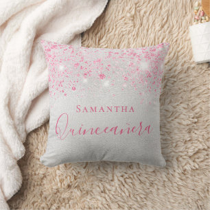 Quinceanera silver pink glitter name throw pillow
