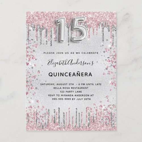 Quinceanera silver pink metal glitter dust invitation postcard
