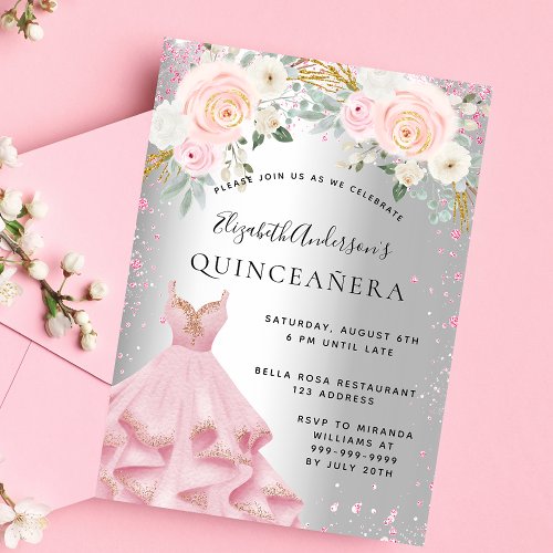 Quinceanera silver pink sparkles dress glamorous invitation postcard