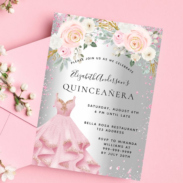 Quinceanera silver pink sparkles dress glamorous invitation postcard (Creator Uploaded)