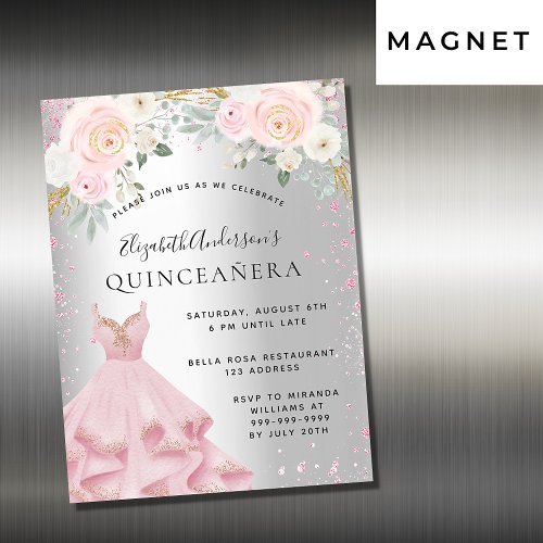 Quinceanera silver pink sparkles dress luxury magnetic invitation