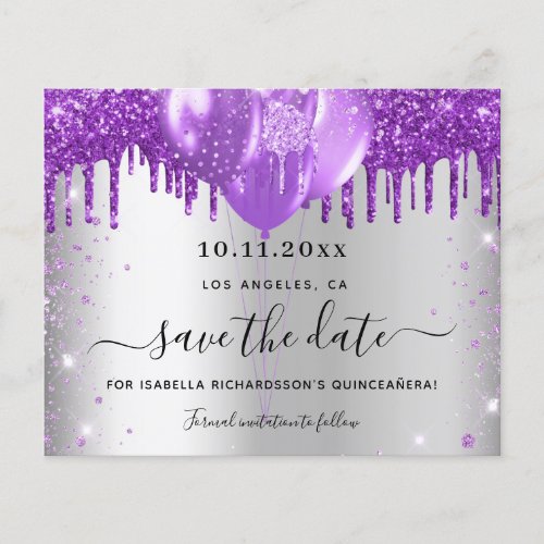 Quinceanera silver purple budget save the date flyer