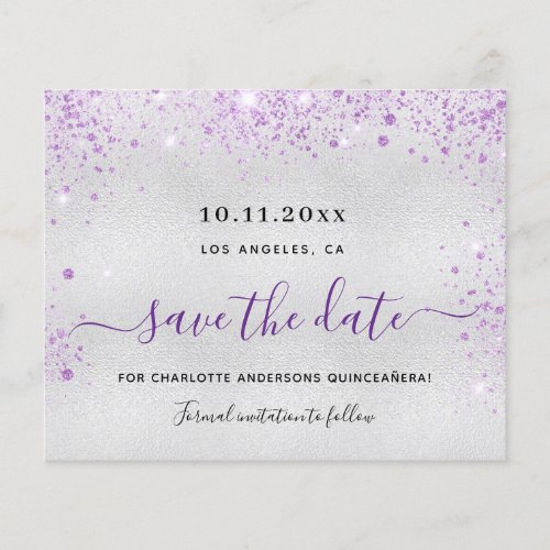 Quinceanera silver purple budget save the date flyer