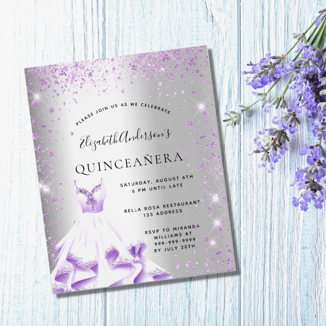 Quinceanera silver purple dress budget invitation flyer