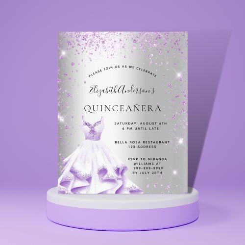 Quinceanera silver purple dress glitter glam invitation