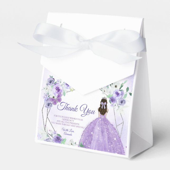 Quinceañera Silver & Purple Flowers Party Favor Boxes (Front Side)