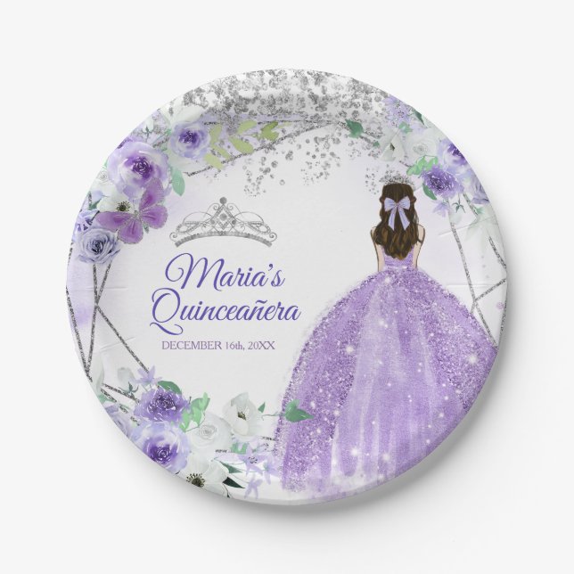 Quinceañera Silver & Purple Flowers watercolor Paper Plates (Front)
