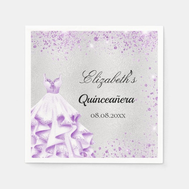 Quinceanera silver purple glitter dress napkins (Front)
