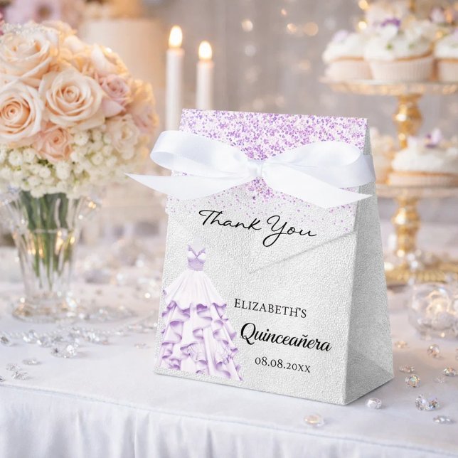 Quinceanera silver purple glitter dress thank you favor boxes (Creator Uploaded)