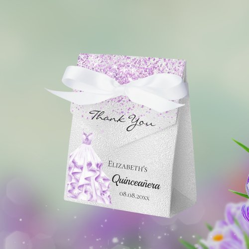 Quinceanera silver purple glitter dress thank you favor boxes