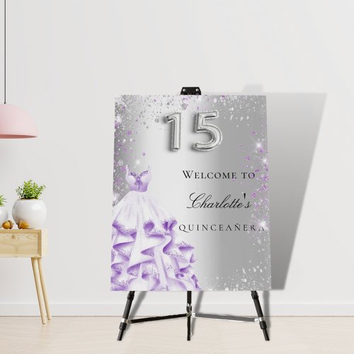 Quinceanera silver purple glitter dress welcome foam board