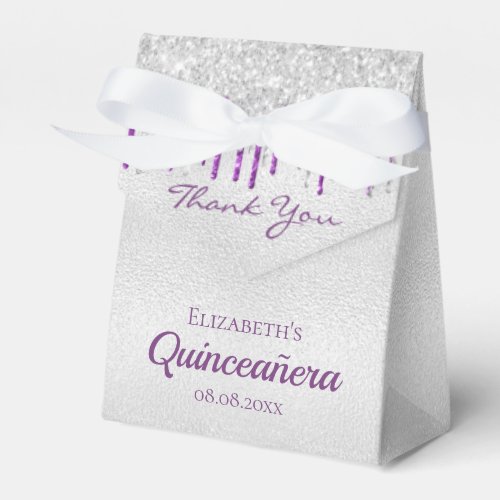 Quinceanera silver purple glitter drip thank you favor boxes