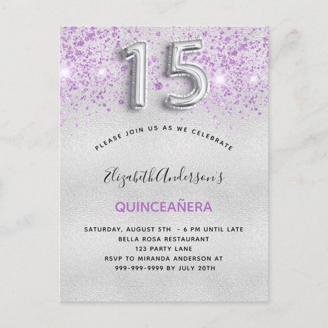 Quinceanera silver purple glitter drops invitation postcard (Front)