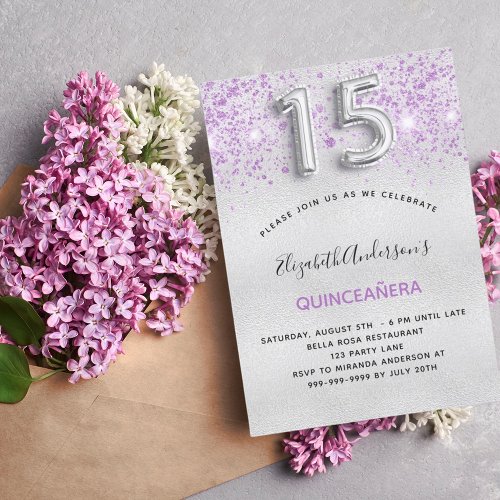 Quinceanera silver purple glitter invitation