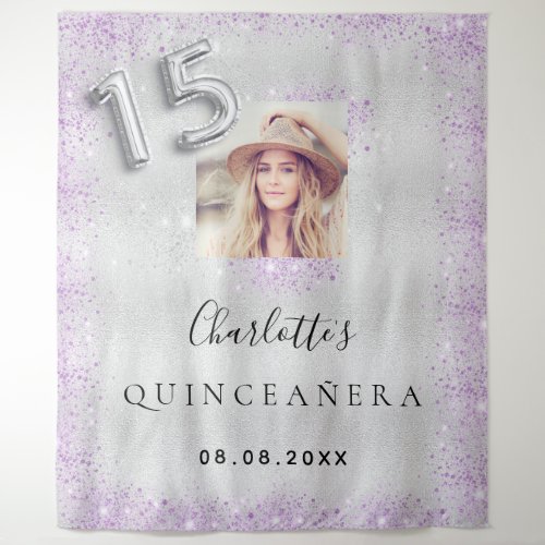 Quinceanera silver purple glitter photo welcome tapestry