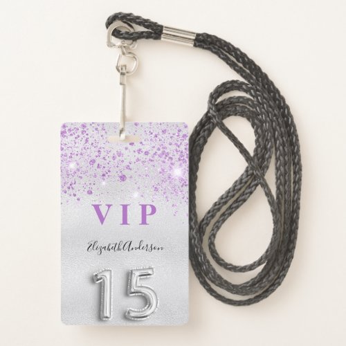 Quinceanera silver purple glitter VIP invitation Badge