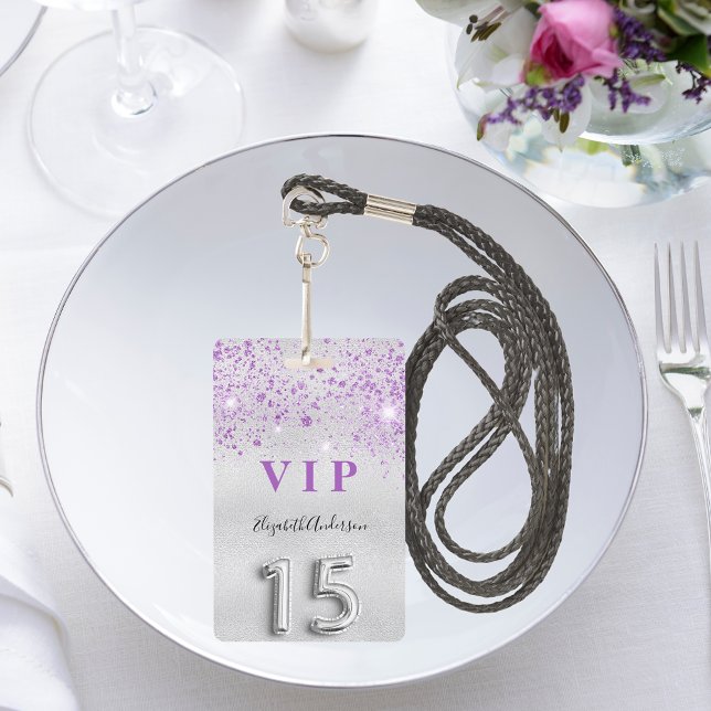 Quinceanera silver purple glitter VIP invitation Badge (Creator Uploaded)