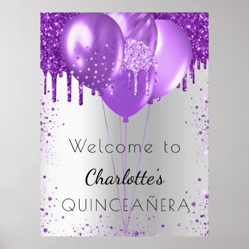 Quinceanera silver purple glitter welcome balloons poster