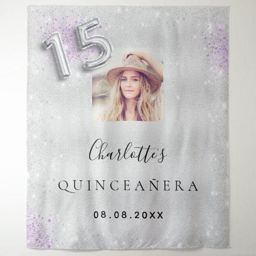 Quinceanera silver purple photo glitter welcome tapestry
